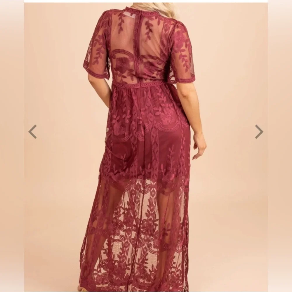 BELLA ELLA BOUTIQUE XL Light My Fire Deep V Neck Lace Wine Maxi Dress - Picture 5 of 16
